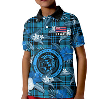 Hawaii State Kid Polo Shirt Tropical Flowers Mix Tartan Blue Version LT14 Kid Blue - Polynesian Pride