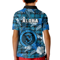 Hawaii State Kid Polo Shirt Tropical Flowers Mix Tartan Blue Version LT14 - Polynesian Pride