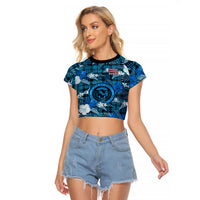 Hawaii State Raglan Cropped T Shirt Tropical Flowers Mix Tartan Blue Version LT14 Female Blue - Polynesian Pride
