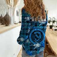 Hawaii State Women Casual Shirt Tropical Flowers Mix Tartan Blue Version LT14 - Polynesian Pride