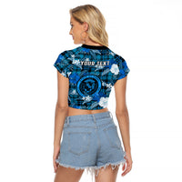 (Custom Personalised) Hawaii State Raglan Cropped T Shirt Tropical Flowers Mix Tartan Blue Version LT14 - Polynesian Pride