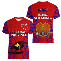 Papua New Guinea Women V Neck T Shirt Central Province Mix Coat Of Arms Polynesian Art LT14 Female Red - Polynesian Pride