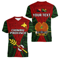 (Custom Personalised) Papua New Guinea Women V Neck T Shirt Chimbu Province Mix Coat Of Arms Polynesian Art LT14 Female Red - Polynesian Pride