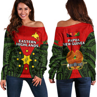 Papua New Guinea Off Shoulder Sweater Eastern Highlands Province Mix Coat Of Arms Polynesian Art LT14 Women Red - Polynesian Pride