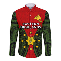 (Custom Personalised) Papua New Guinea Long Sleeve Button Shirt Eastern Highlands Province Mix Coat Of Arms Polynesian Art LT14 Unisex Red - Polynesian Pride