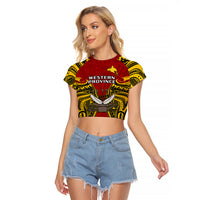 Papua New Guinea Raglan Cropped T Shirt Western Province Mix Coat Of Arms Polynesian Art LT14 Female Red - Polynesian Pride