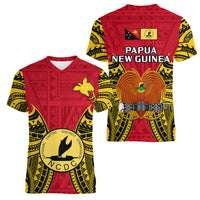 Papua New Guinea Women V Neck T Shirt National Capital District Mix Coat Of Arms Polynesian Art LT14 Female Red - Polynesian Pride
