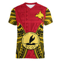 Papua New Guinea Women V Neck T Shirt National Capital District Mix Coat Of Arms Polynesian Art LT14 - Polynesian Pride