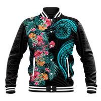 Palau Baseball Jacket Tropical Flowers With Polynesian Pattern LT14 Unisex Black - Polynesian Pride