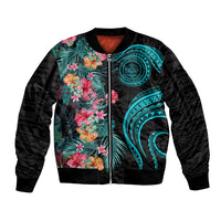 Palau Bomber Jacket Tropical Flowers With Polynesian Pattern LT14 Unisex Black - Polynesian Pride
