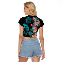 Palau Raglan Cropped T Shirt Tropical Flowers With Polynesian Pattern LT14 - Polynesian Pride