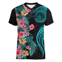 Palau Women V Neck T Shirt Tropical Flowers With Polynesian Pattern LT14 - Polynesian Pride