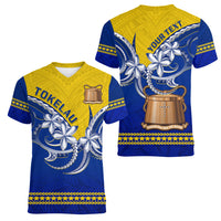 Tokelau Women V Neck T Shirt Tokelauan Tatau Plumeria Special Style LT14 Female Blue - Polynesian Pride