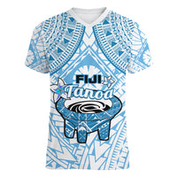 Fiji Tanoa Women V Neck T Shirt Kava Bowl Fijian Tapa Blue Pattern LT14 - Polynesian Pride