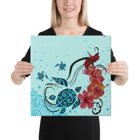 Sea Turtle Hibiscus Canvas 16x16 Canvas White - Polynesian Pride