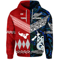Custom New Zealand Tonga Hoodie Maori and Polynesian Together Blue, Custom Text and Number LT8 - Polynesian Pride