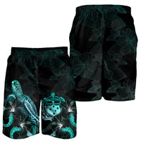 Samoa Polynesian Men's Shorts - Turtle With Blooming Hibiscus Turquoise - Polynesian Pride