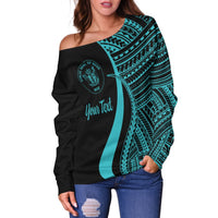 Niue Custom Personalised Women's Off Shoulder Sweater - Turquoise Polynesian Tentacle Tribal Pattern - Polynesian Pride