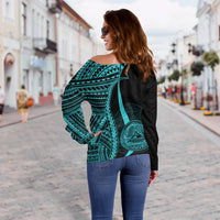 American Samoa Custom Personalised Women's Off Shoulder Sweater - Turquoise Polynesian Tentacle Tribal Pattern - Polynesian Pride