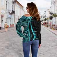 Chuuk Women's Off Shoulder Sweater - Turquoise Polynesian Tentacle Tribal Pattern - Polynesian Pride