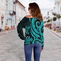 Niue Women's Off Shoulder Sweater - Turquoise Tentacle Turtle - Polynesian Pride