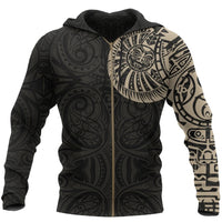 Maori Zip Hoodie, Maori Warrior Tattoo Full Zip Hoodie Tan Customized - Polynesian Pride