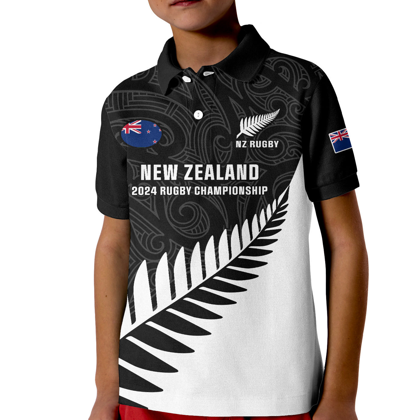 Personalised New Zealand Silver Fern Rugby Kid Polo Shirt All Black 2023 Go Champions Maori Pattern LT14