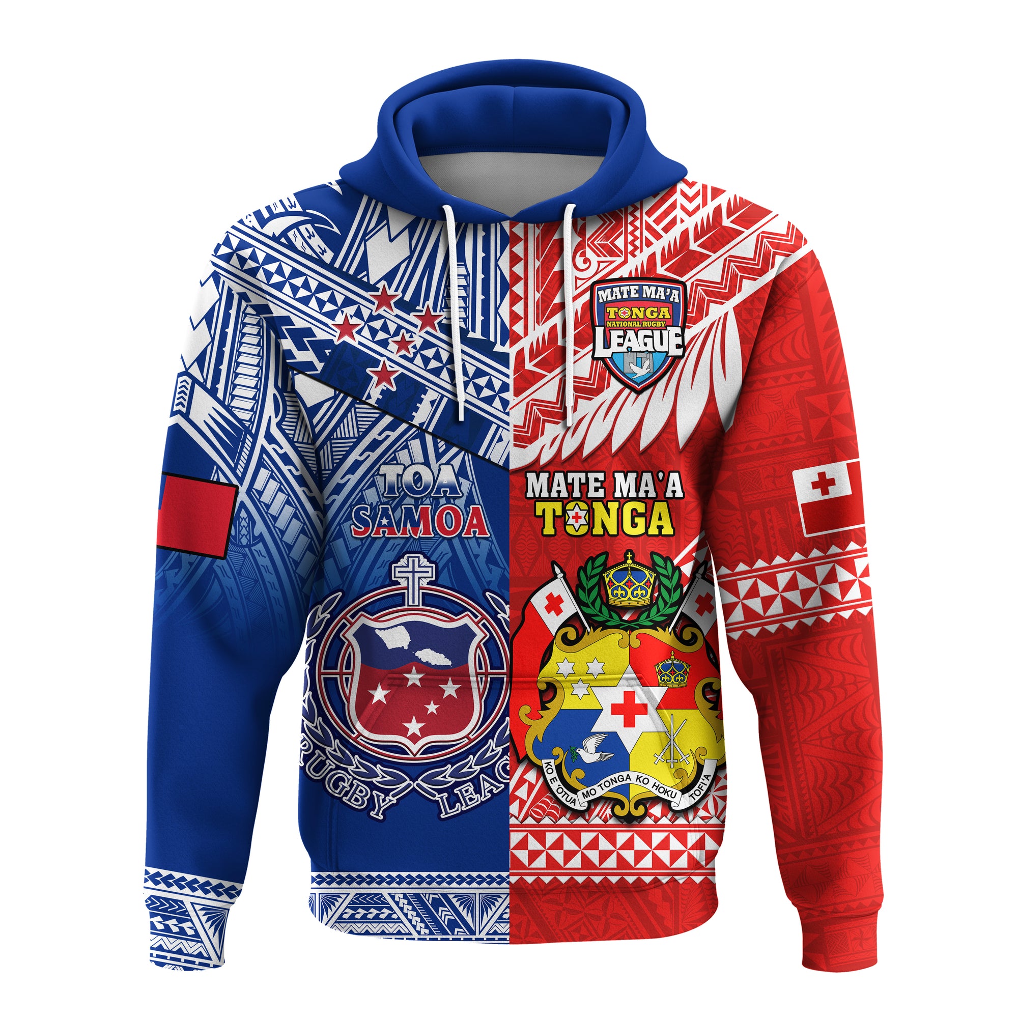 Custom Mate Maa Tonga and Toa Samoa Rugby Hoodie Polynesian Pattern LT14 Blue - Polynesian Pride