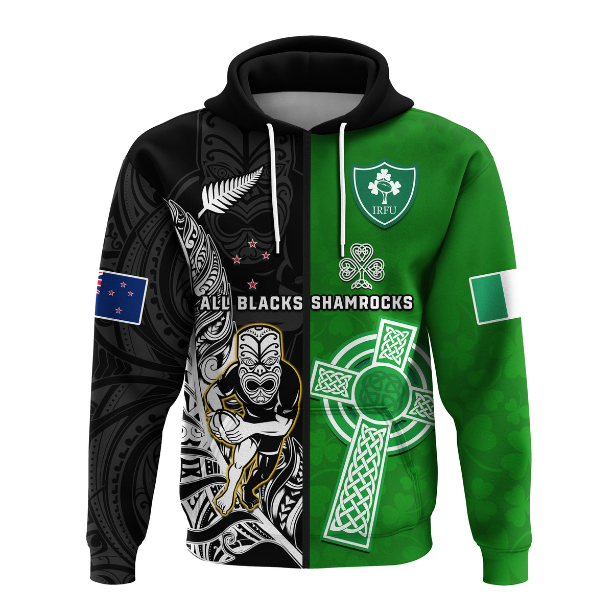 Custom New Zealand and Ireland Rugby Hoodie All Black Maori Mix Shamrocks LT14 Zip Hoodie Black - Polynesian Pride