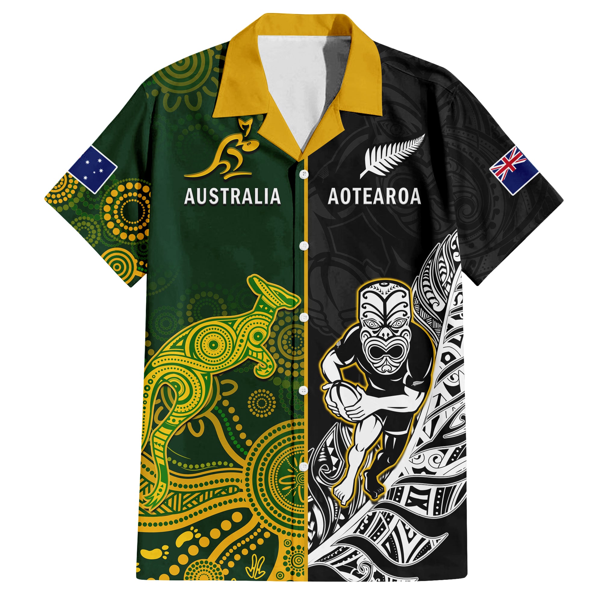 Australia Rugby Mix Aotearoa Rugby Hawaiian Shirt Wallabies All Black Special Version LT14 Black - Polynesian Pride