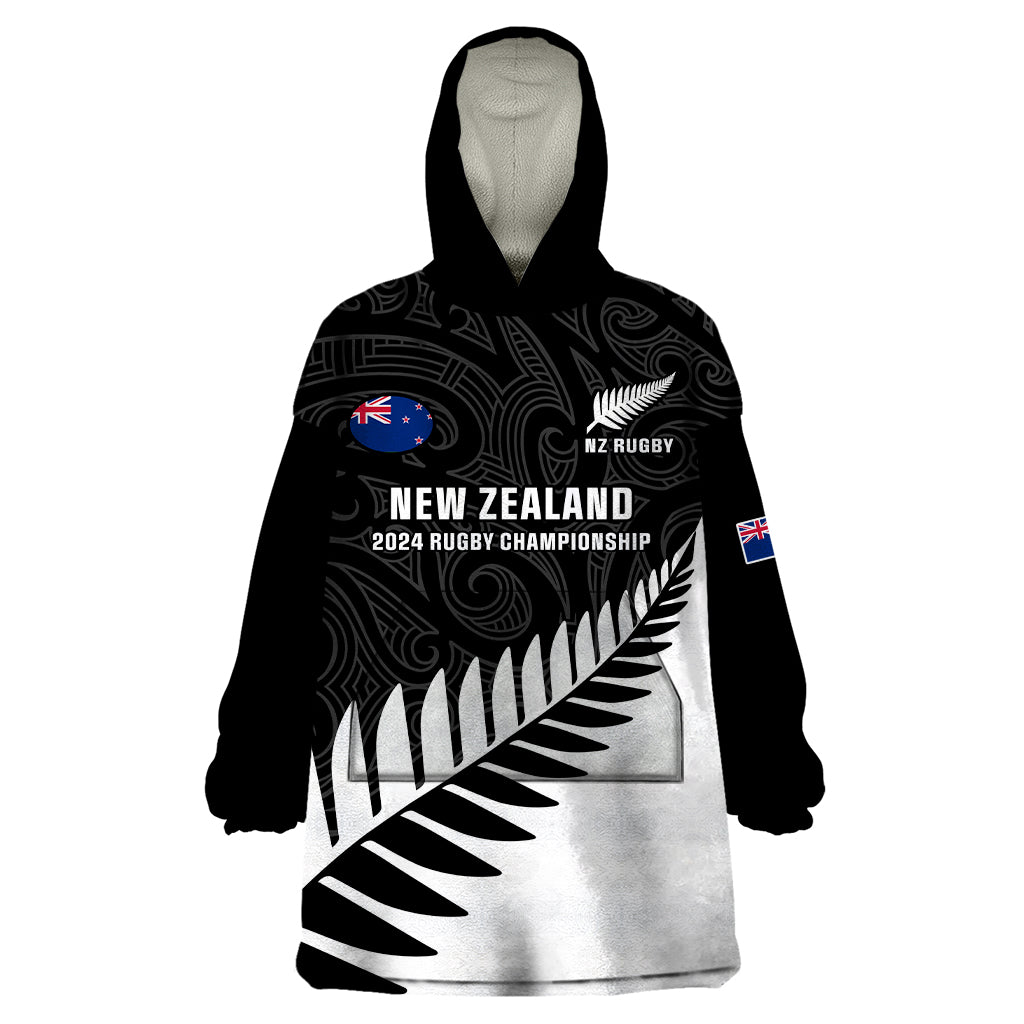 Personalised New Zealand Silver Fern Rugby Wearable Blanket Hoodie All Black 2024 Go Champions Maori Pattern LT14