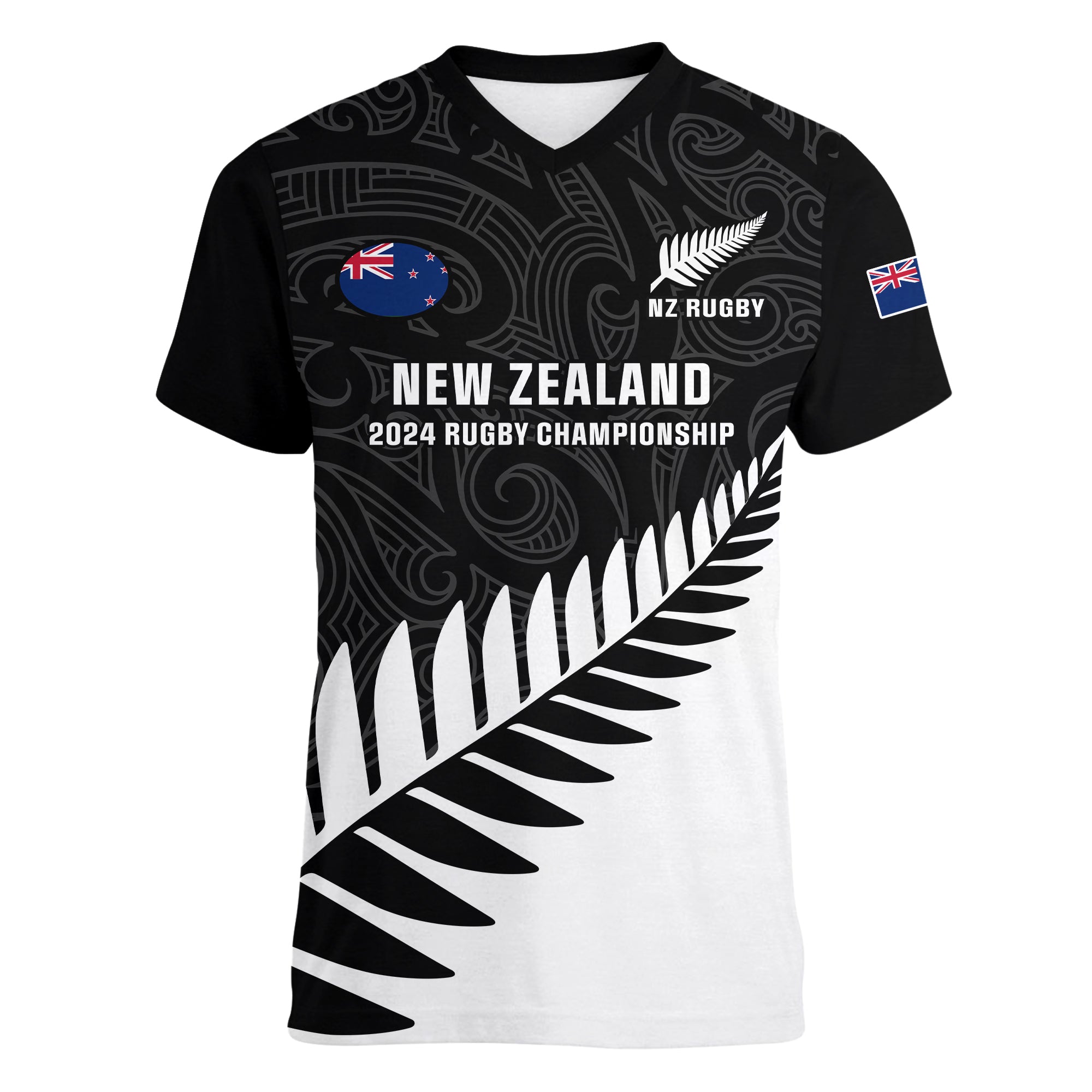 Personalised New Zealand Silver Fern Rugby Women V Neck T Shirt All Black 2023 Go Champions Maori Pattern LT14