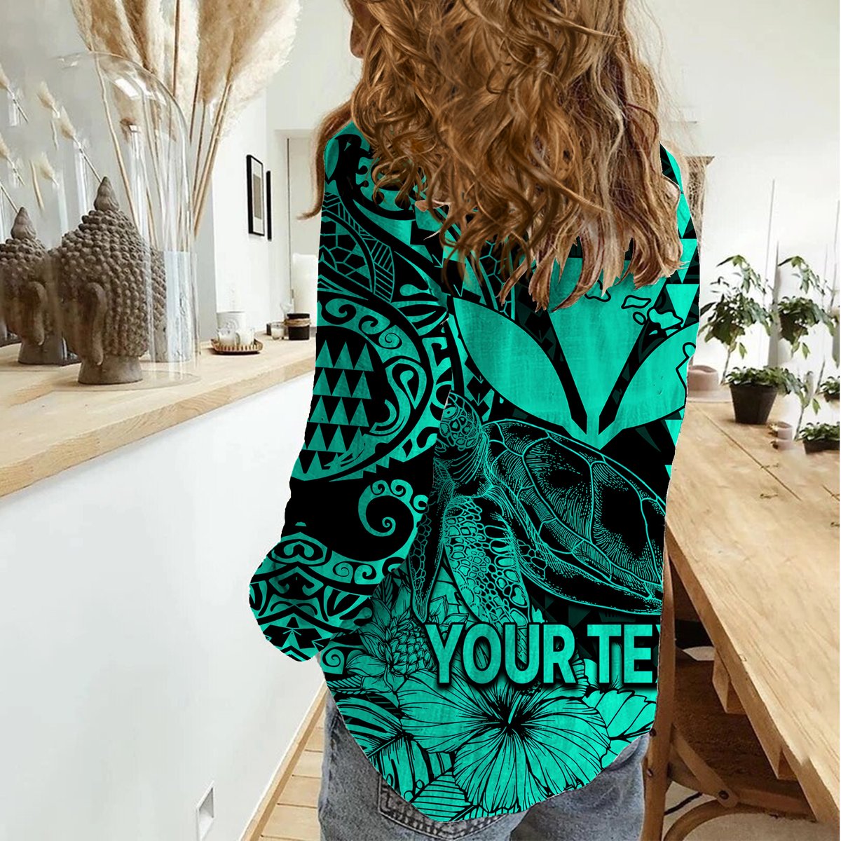 (Custom Personalised) Kakau Polynesian Tribal Hawaiian Turtle with Kanaka Maoli Turquoise Women Casual Shirt LT9 - Polynesian Pride