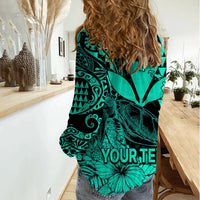 (Custom Personalised) Kakau Polynesian Tribal Hawaiian Turtle with Kanaka Maoli Turquoise Women Casual Shirt LT9 - Polynesian Pride