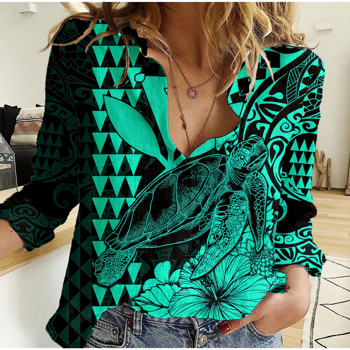 Kakau Polynesian Tribal Hawaiian Turtle with Kanaka Maoli Turquoise Women Casual Shirt LT9 Female Turquoise - Polynesian Pride