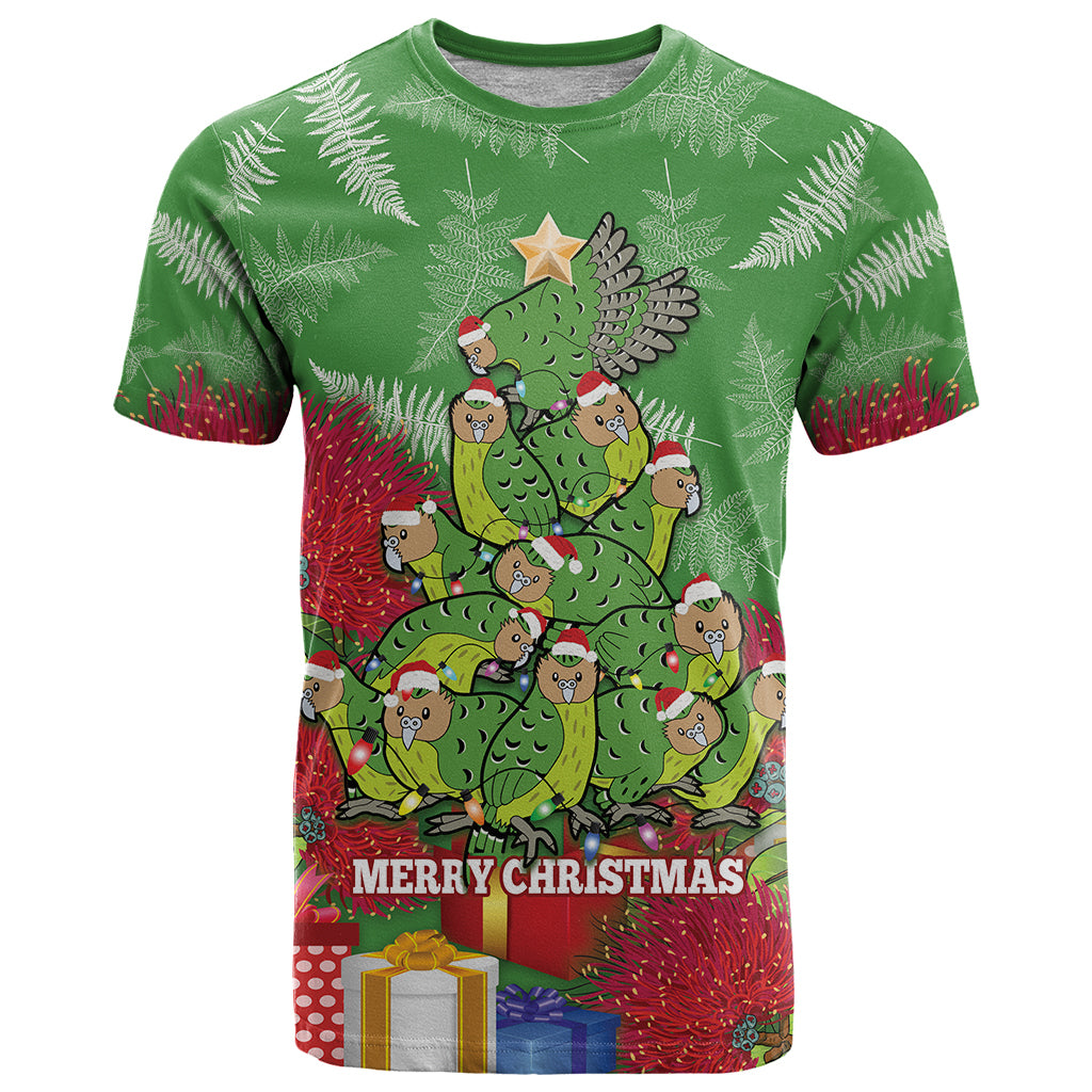 Kakapo New Zealand T Shirt Merry Christmas Pohutukawa - Green LT14