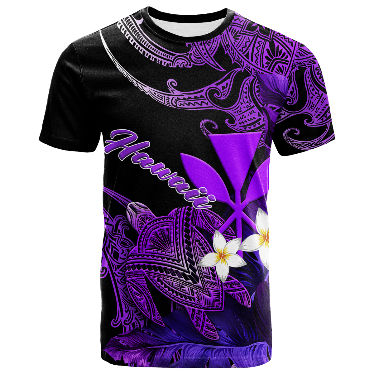 Hawaii Turtle With Plumeria Leaf Purple T Shirt LT12 Unisex Black - Polynesian Pride