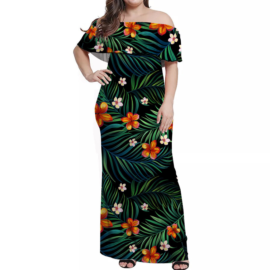 Polynesian Pride Off Shoulder Long Dress Hawaii Tropical Flowers LT14