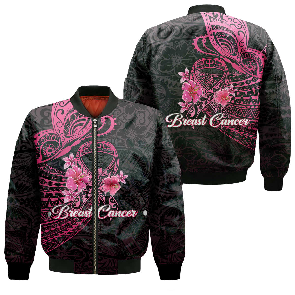 Breast Cancer Pink Ribbon Butterfly Polynesian Black Version Bomber Jacket - LT12 Bomber Jacket Black - Polynesian Pride