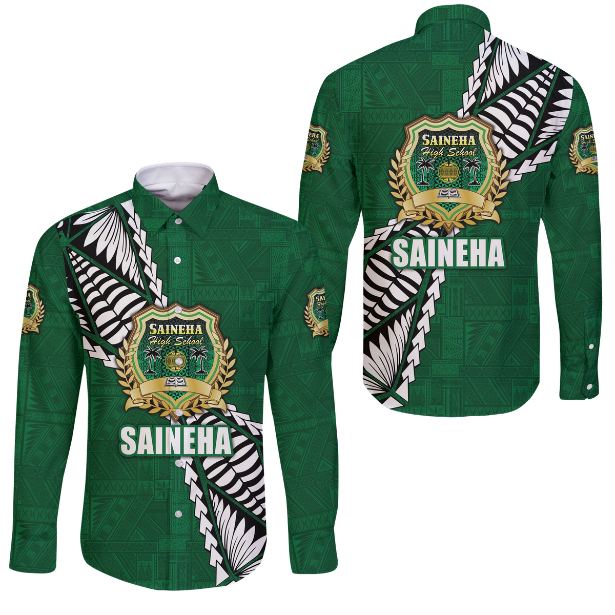 Tonga Saineha High School Tongan Patterns Long Sleeve Button Shirt - LT12 Unisex Green - Polynesian Pride