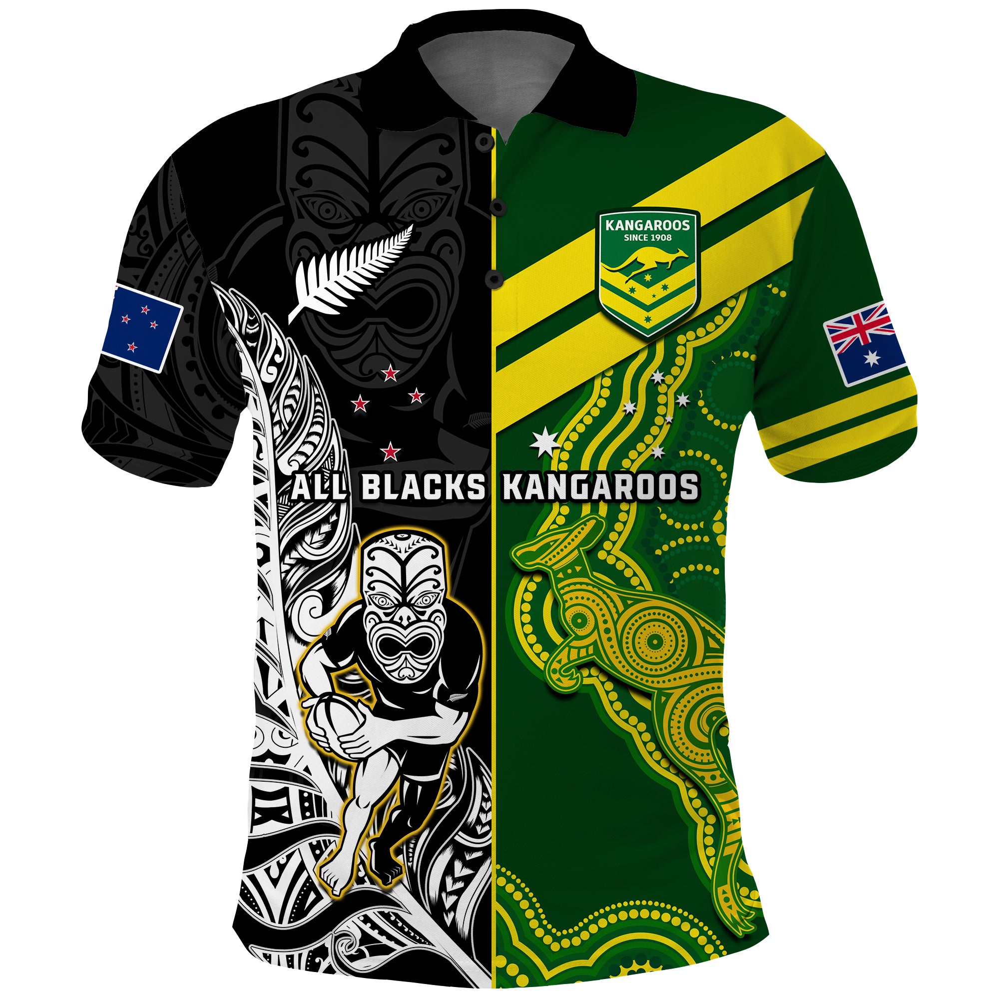 Custom Australia Kangaroos and All Black Rugby Polo Shirt Aboriginal Mix NZ Maori Fern LT14 Black - Polynesian Pride