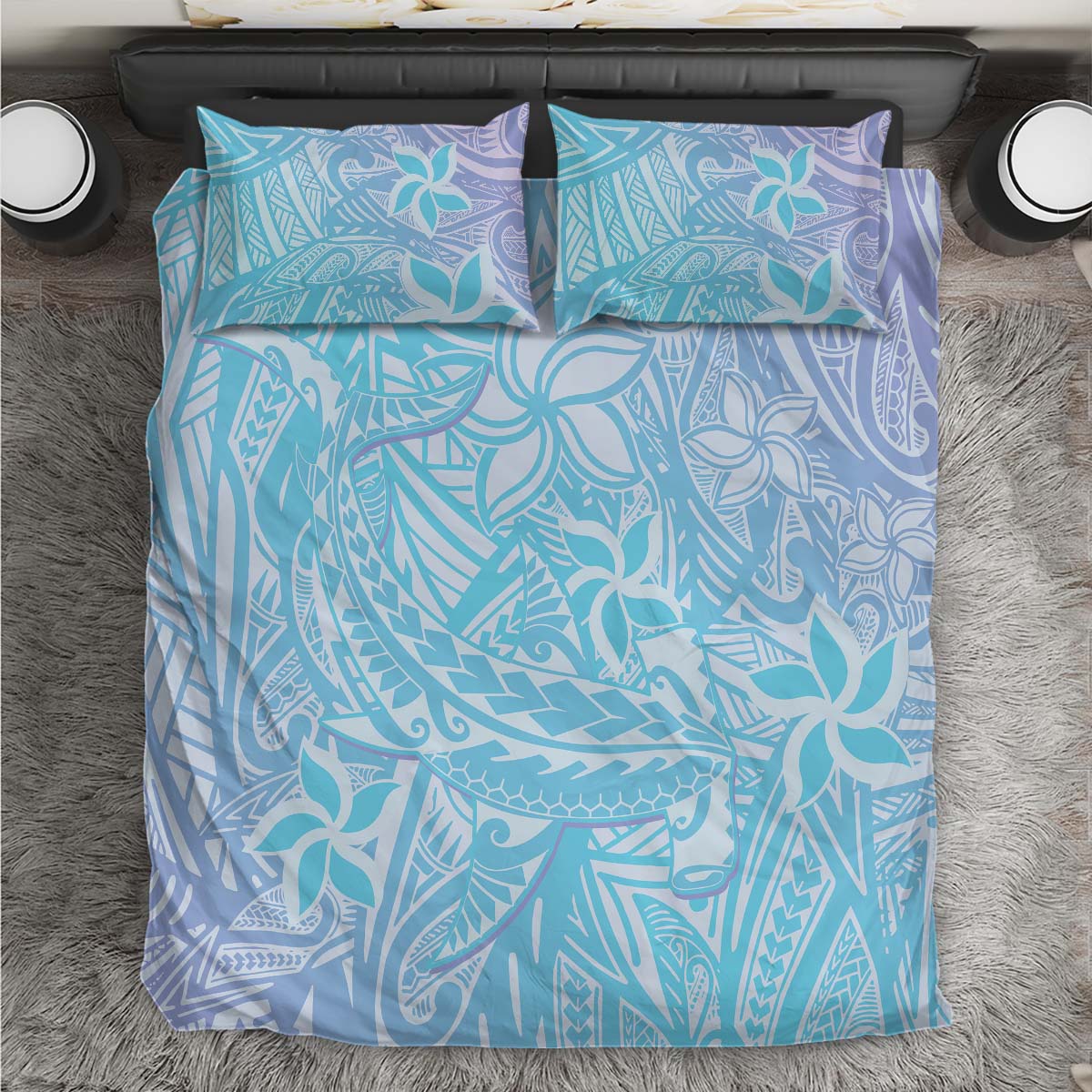 Baby Blue Gradient Polynesia Bedding Set Hawaiian Tribal Hammerhead Shark Tattoo LT14