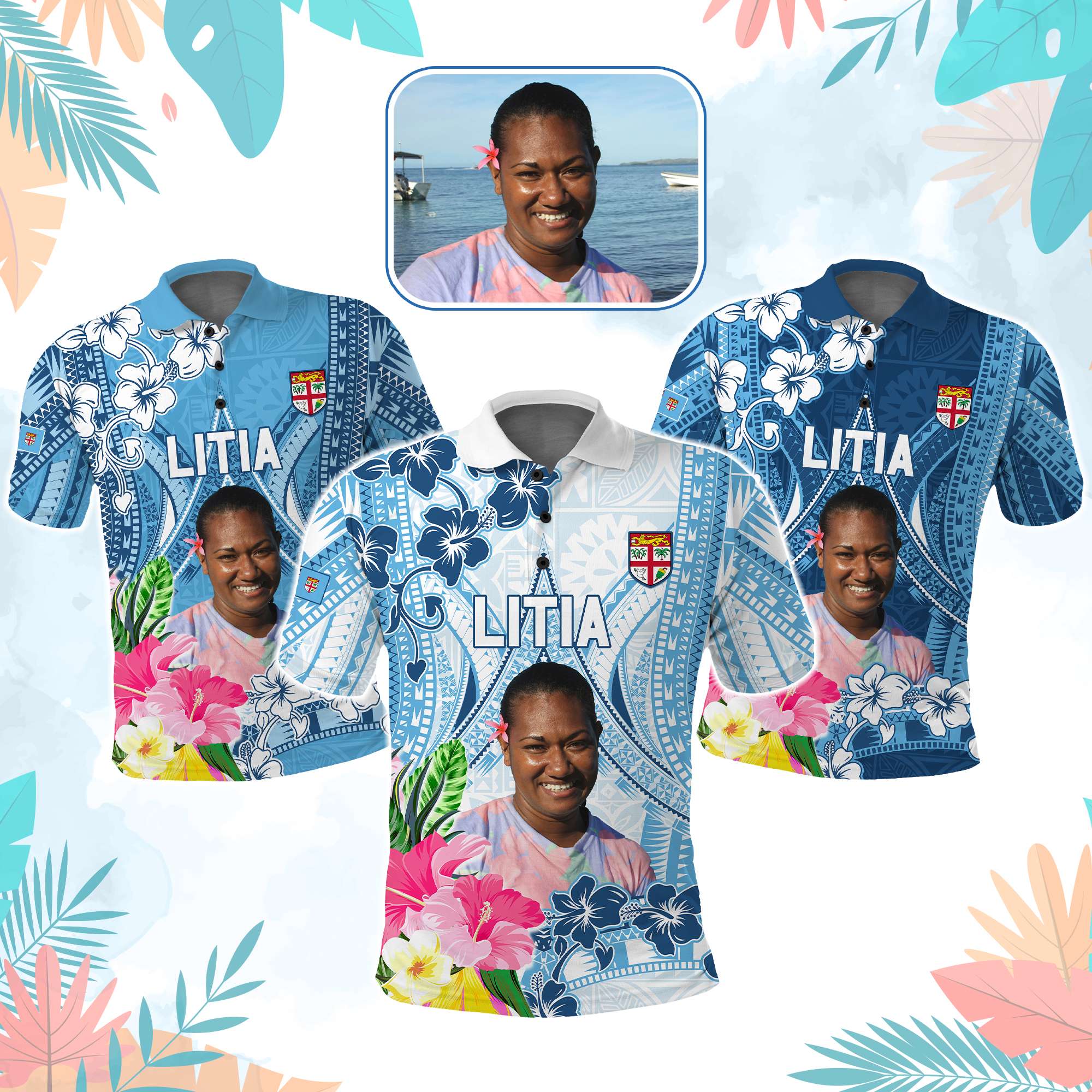 Custom Photo Love Fiji Polo Shirt Fiji In My Heart Tapa Pattern CTM05