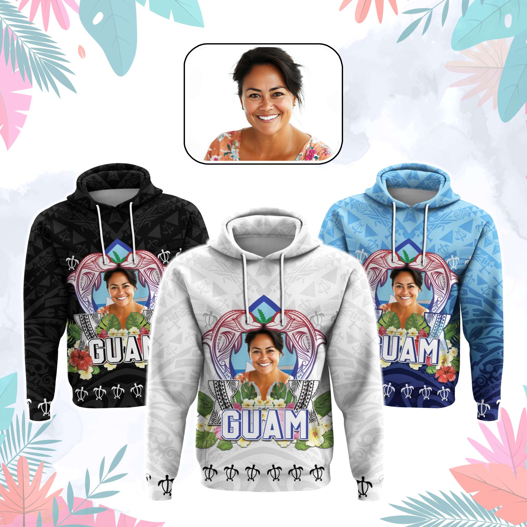 Custom Photo Guam Chamorro Hoodie Tribal Latte Stone With Dolphins CTM05
