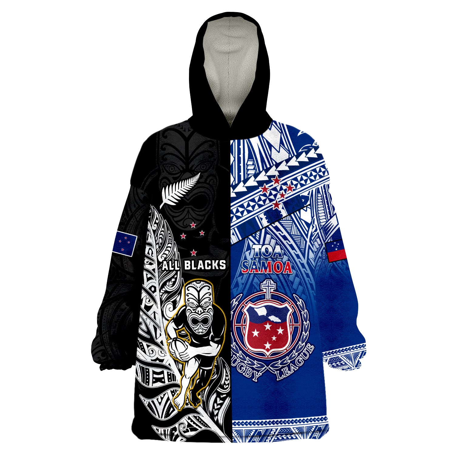 (Custom Personalised) All Black And Toa Samoa Rugby Wearable Blanket Hoodie NZ Maori Fern Mix Polynesian LT14 Unisex One Size - Polynesian Pride