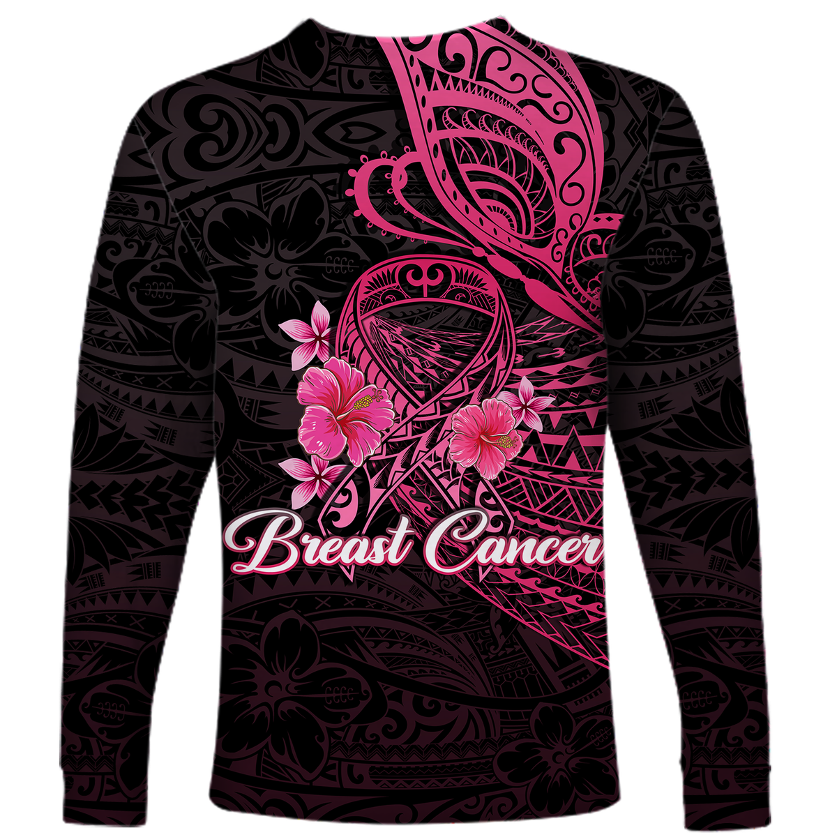Breast Cancer Pink Ribbon Butterfly Polynesian Black Version Long Sleeve Shirt - LT12 - Polynesian Pride