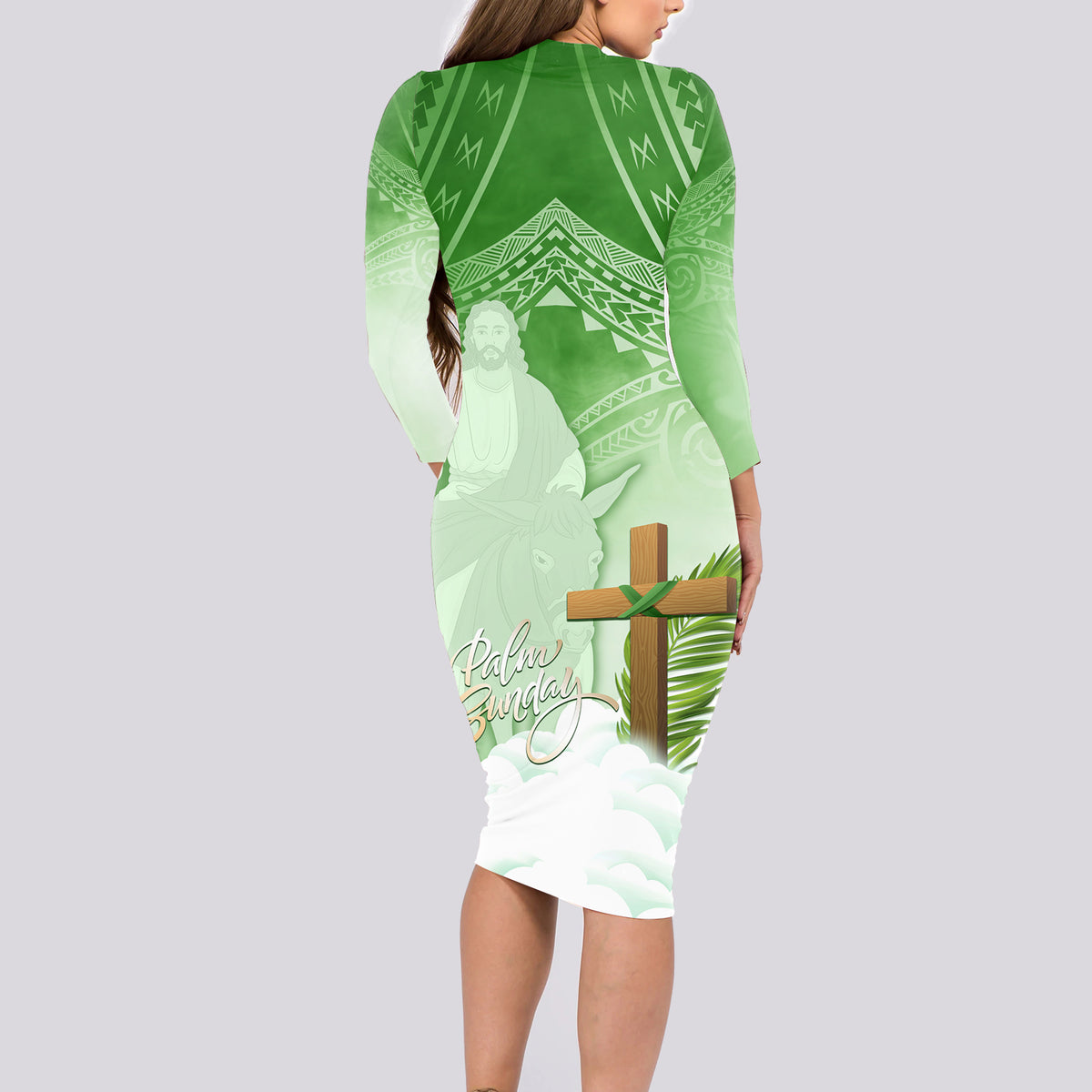 Happy Palm Sunday Long Sleeve Bodycon Dress With Polynesian Pattern LT05