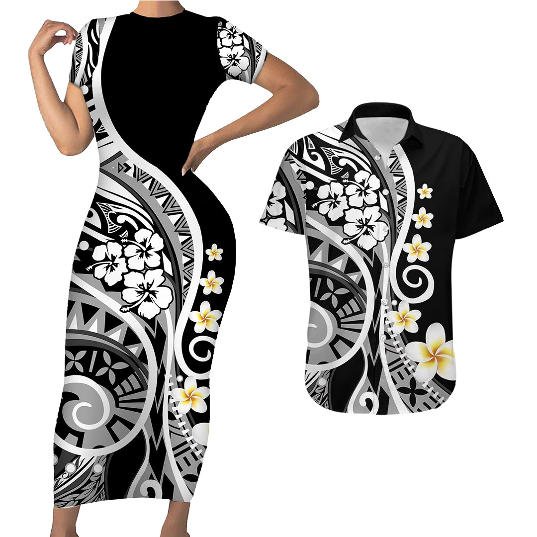 Plumeria Polynesian Couples Matching Outfits Combo Bodycon Dress And Hawaii Shirt Trending Black LT6 - Polynesian Pride