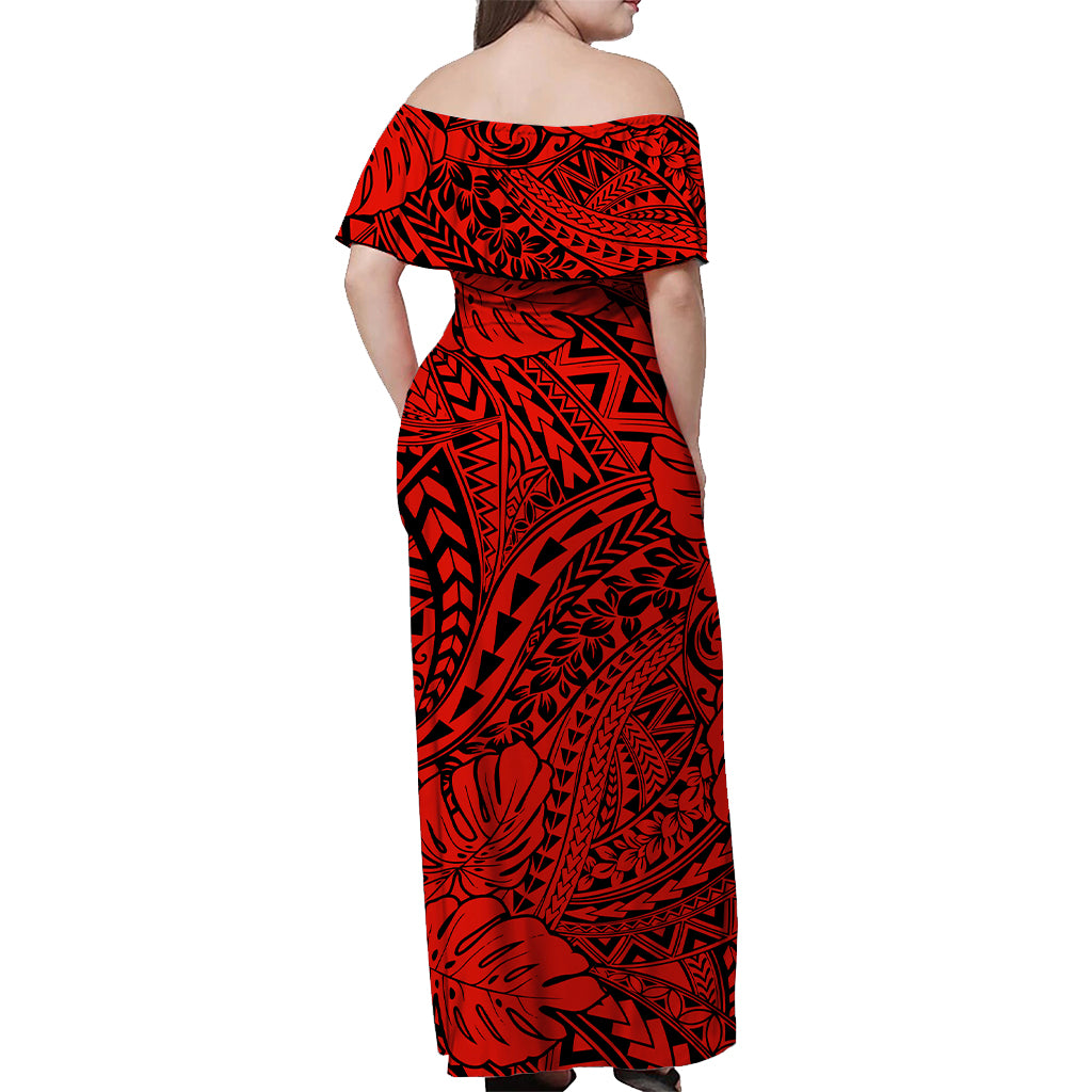Red Hawaii Family Matching Off Shoulder Maxi Dress And Hawaiian Shirt Tribal Art LT14