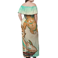 Hawaii Off Shoulder Long Dress Polynesian Shark And Sea Turtle Dreamy Turquoise Artsy LT14